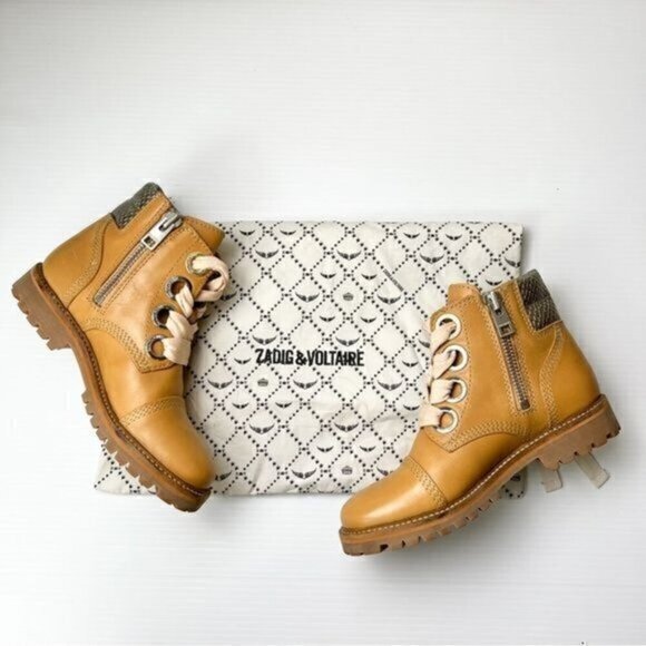 Zadig & Voltaire Brown Leather Combat Boots Size 7 Zip Lace-Up w/ Box EU 37 - Picture 1 of 13
